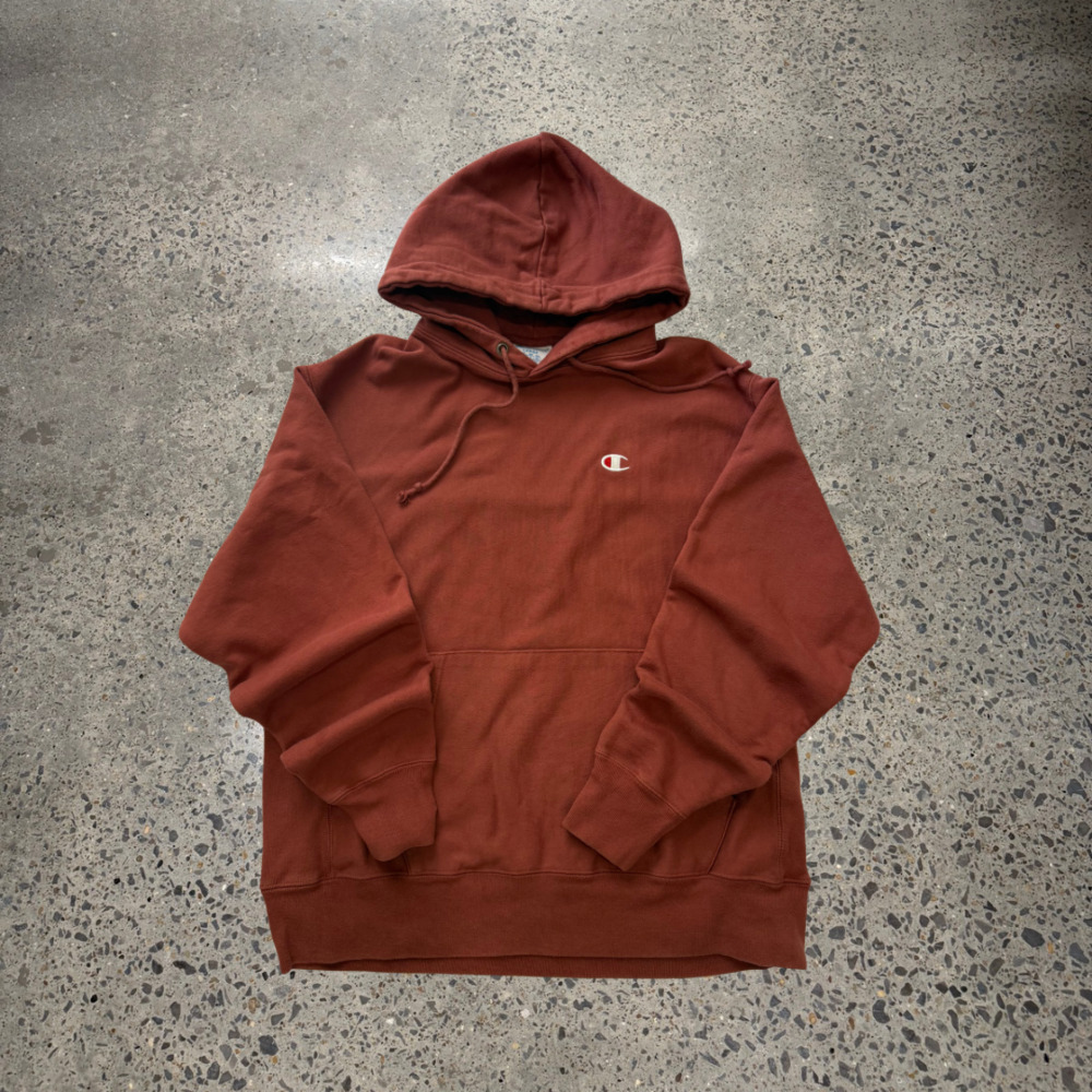 Y2K 2000s Champion Reverse Weave Hoodie Large Rust Terracotta Embroidered Logo